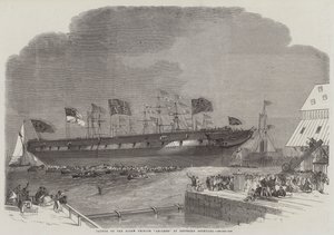 Te water laten van de schroef fregat Ariadne in Deptford Dockyard